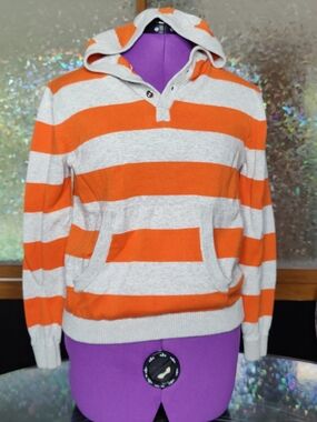 Striped Hooded Pullover Sweatshirt in Orange and Cream